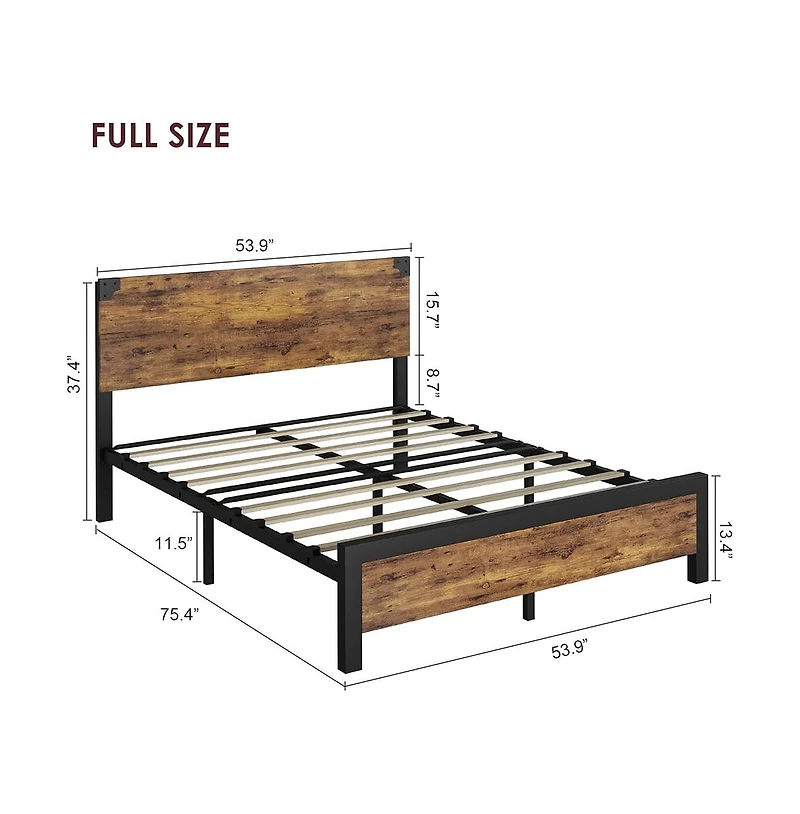 gaomon Full Platform Bed Frame with Wood Headboard, Rustic Metal, Noise Free, Underbed Storage, No Box Spring, Easy Assembly