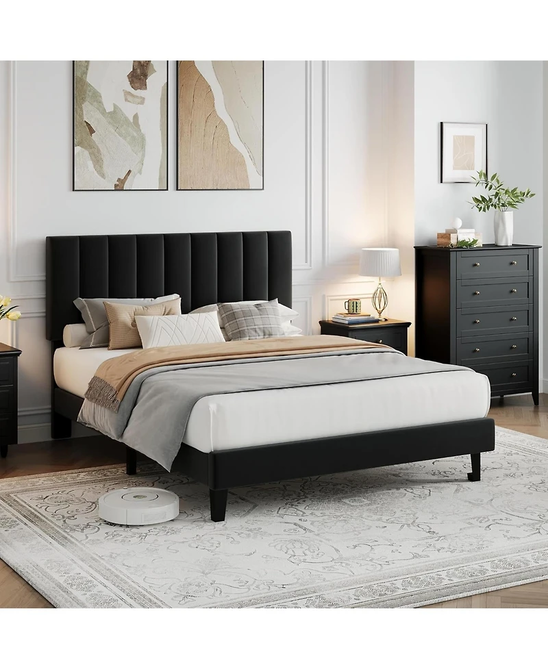 gaomon Full Size Velvet Iron Mdf Vertical Pattern Soft Bag Basic Bed, Upholstered Bed Frame, Stylish Design, Comfortable Mattress