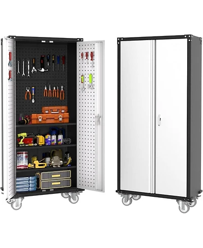 gaomon 72-Inch Steel Metal Storage Cabinet with Wheels, Lockable Rolling Garage Organizer with Pegboard and 4 Adjustable Shelves