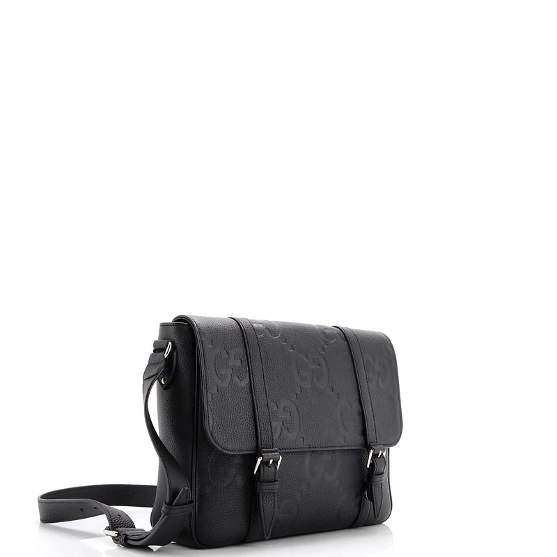 Pre-Owned Gucci Medium Double Belt Flap Messenger Bag Jumbo Gg Embossed Leather