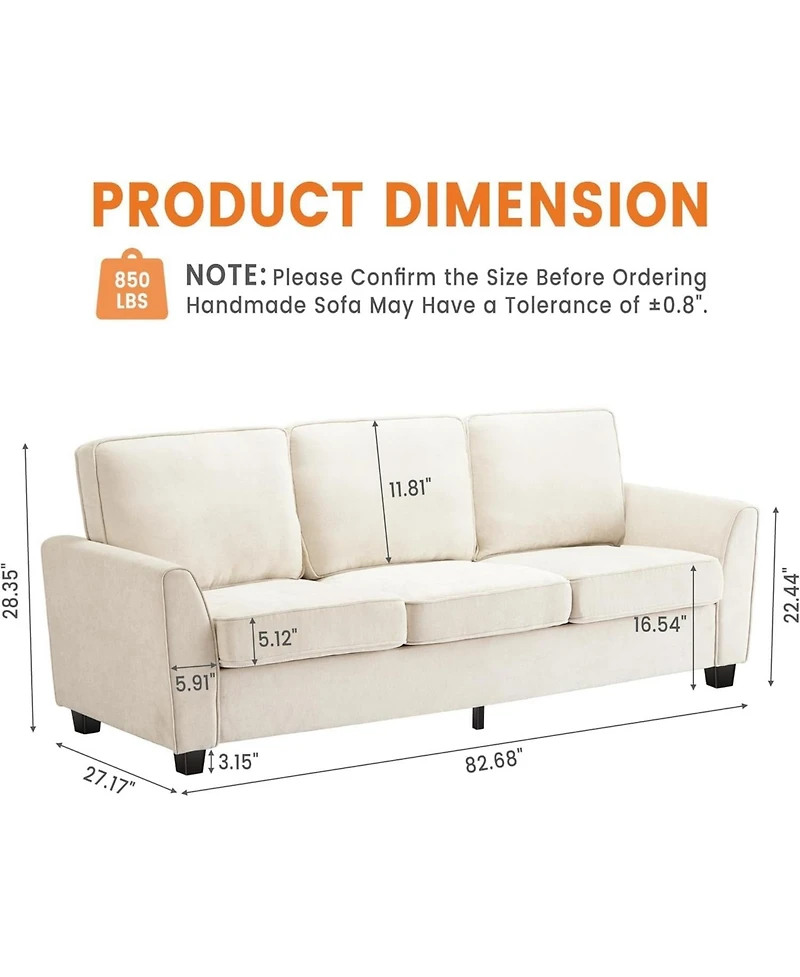 gaomon 83 Inch Modern 3 Seater Sofa, Deep Seat Couch with Washable Detatchable Covers, Comfy Chenille Couch, Oversized Cloud Sofa for Living Room