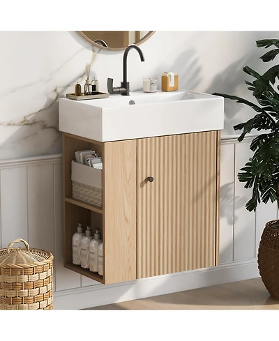 Busdays Modern 21.6 inch Floating Bathroom Vanity with Ceramic Basin and Left Side Storage in Wood Finish