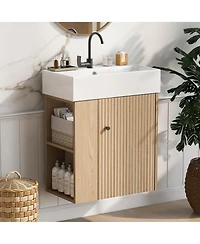 Busdays Modern 21.6 inch Floating Bathroom Vanity with Ceramic Basin and Left Side Storage in Wood Finish