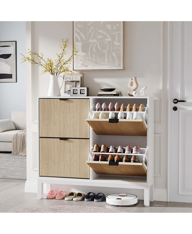 gaomon Shoe Storage Cabinet with 4 Flip Drawers, Farmhouse Fluted Shoe Organizer with Metal Legs