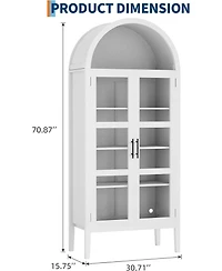 gaomon Tall Arched Kitchen Pantry Cabinet with Led Lights, Modern Wood Arched Bookshelf with Glass Doors & Adjustable Shelves, Elegant Display Cabinet