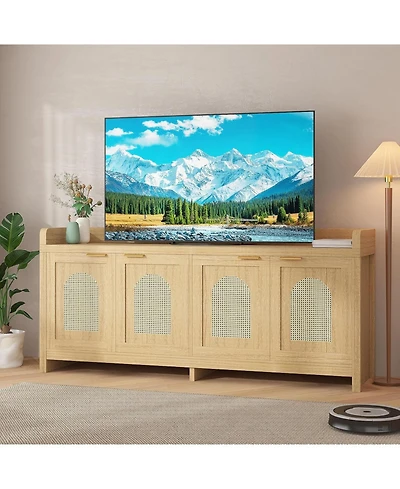 gaomon rattan Tv stand for 65'' TVs, mid century modern console with glass doors, storage cabinet, and 61.5'' table for living rooms.