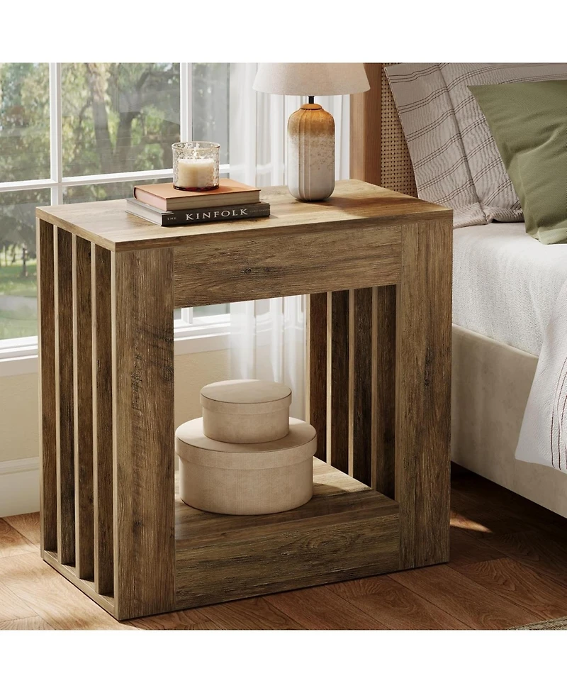 Tribesigns End Table, Farmhouse Narrow Side Table with Storage Shelf, Rustic Square Nightstand Bedside