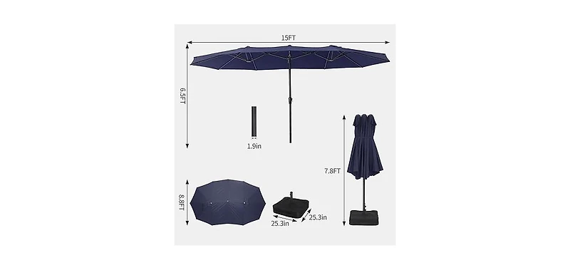 gaomon 15 ft Double Sided Rectangular Patio Umbrella with Crank, Outdoor Sun Shade
