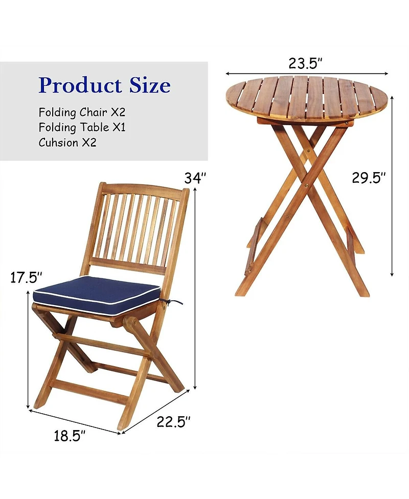 sumyeg 3-Piece Folding Patio Bistro Set with Cushions and Round Table