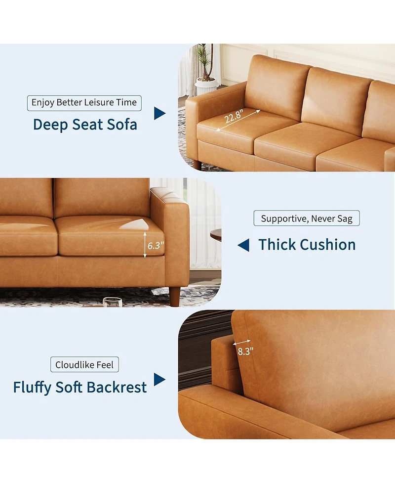 gaomon 83" Leather Sofa, Mid-Century Modern 3-Seater Couch with Cushions and Armrests