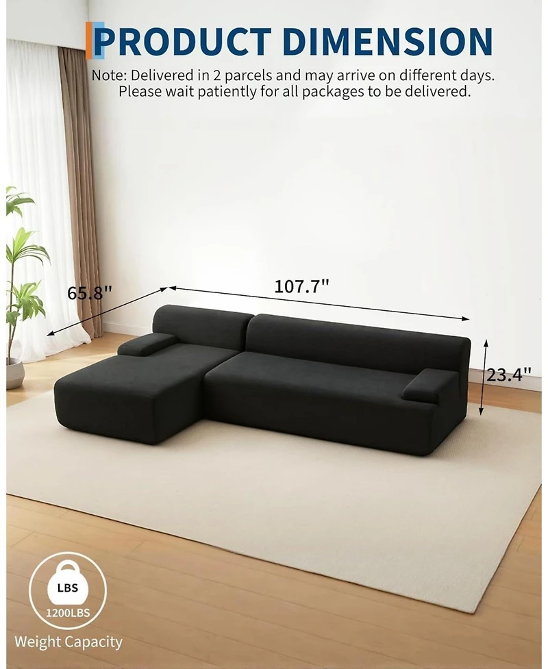 gaomon 108" Cloud Sectional Sofa with Chaise, Boneless Corduroy L-Shaped Couch, No Assembly