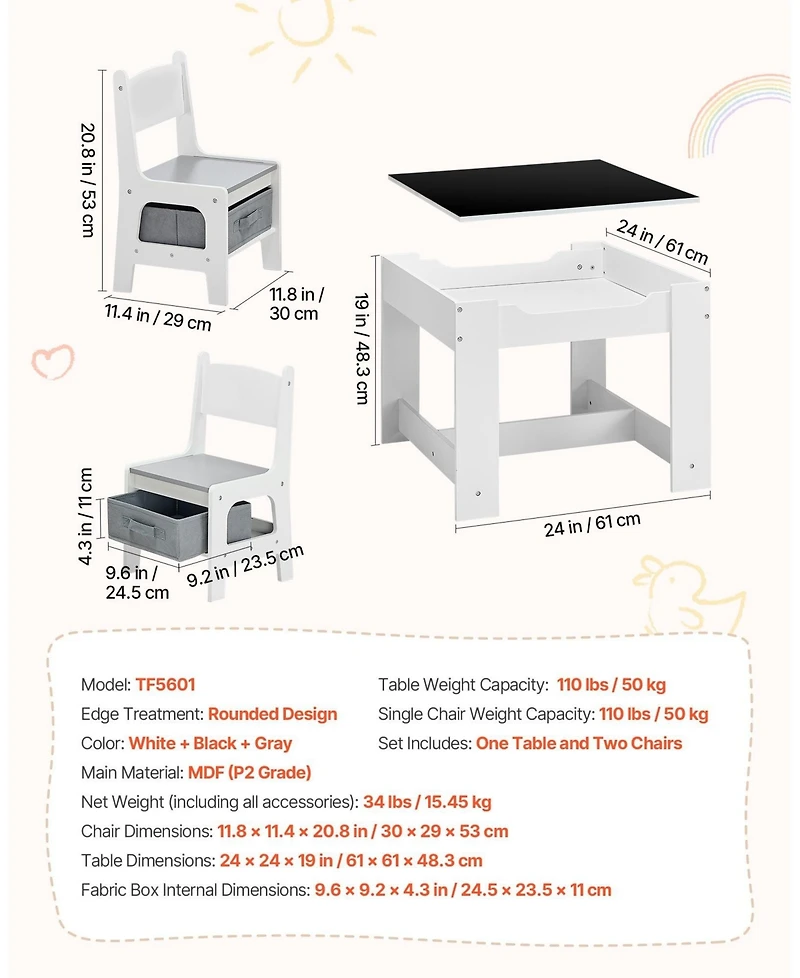 Gouun Kids Table and 2 Chairs Set with Reversible Top and Storage for Art and Learning