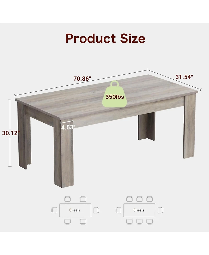 gaomon 71" Farmhouse Dining Table for 6-8, Thick Rectangular Top & Wide Legs