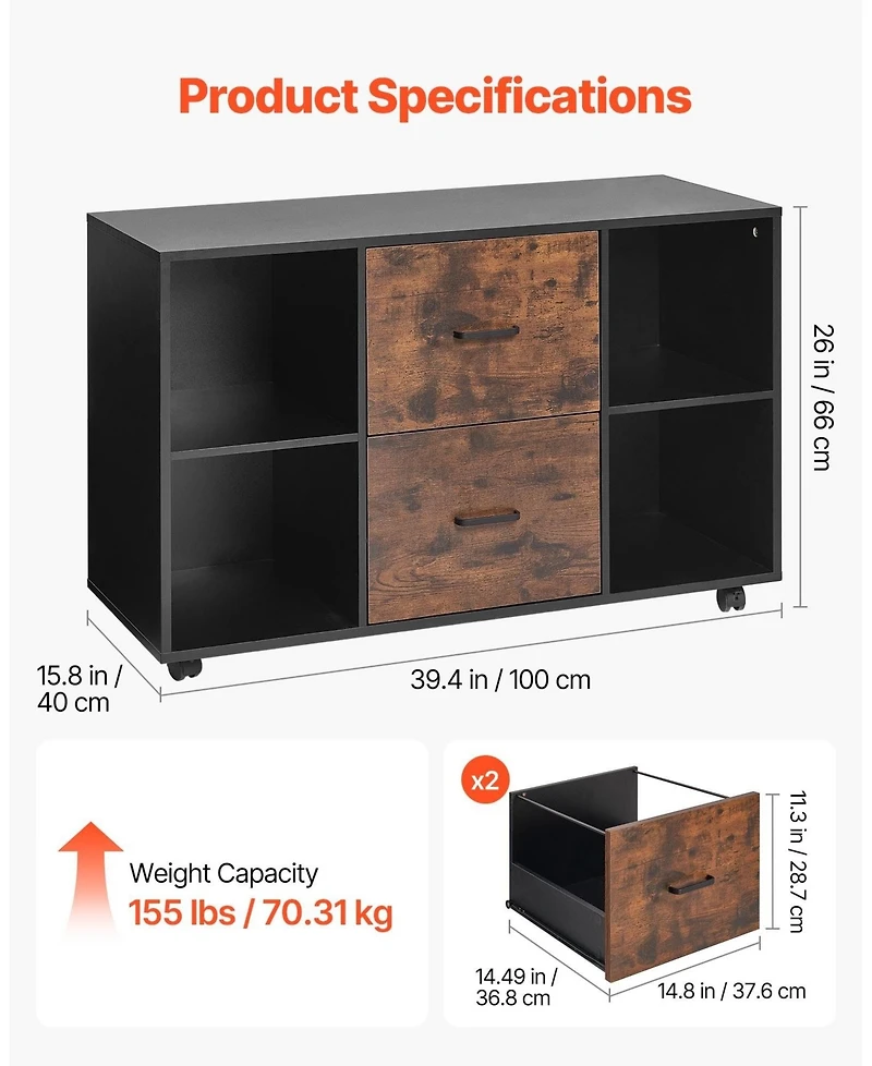 Gouun 2 Drawer Mobile File Cabinet with Open Shelves and Lockable Wheels
