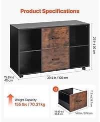 Gouun 2 Drawer Mobile File Cabinet with Open Shelves and Lockable Wheels