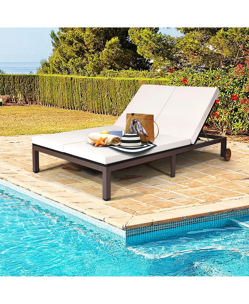 Gymax Adjustable Patio Rattan 2 Person Recliner Lounge Chair w/ Cushion Wheel