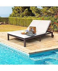 Gymax Adjustable Patio Rattan 2 Person Recliner Lounge Chair w/ Cushion Wheel