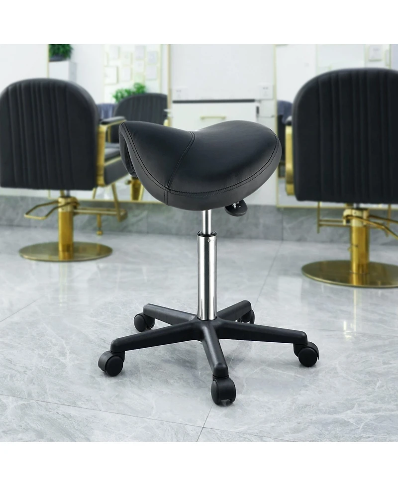Gouun Adjustable Saddle Stool with Wheels 400 lb Capacity Swivel Pu Leather Salon Chair