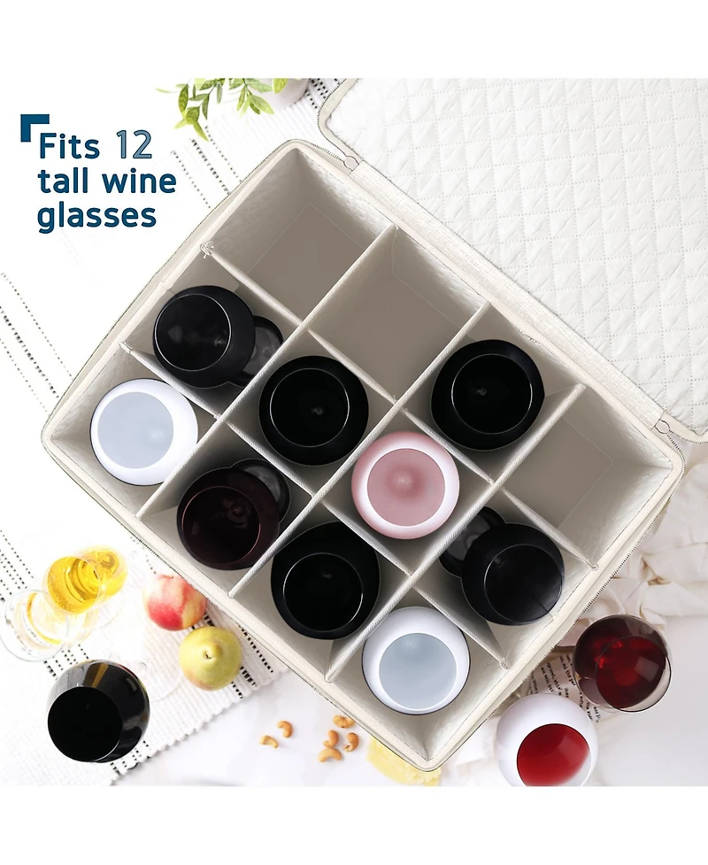 StorageBud 2 Pack Stackable Wine Glass Storage Boxes with Dividers - Stemware Storage for 24 Glasses, Quilted China Storage Containers