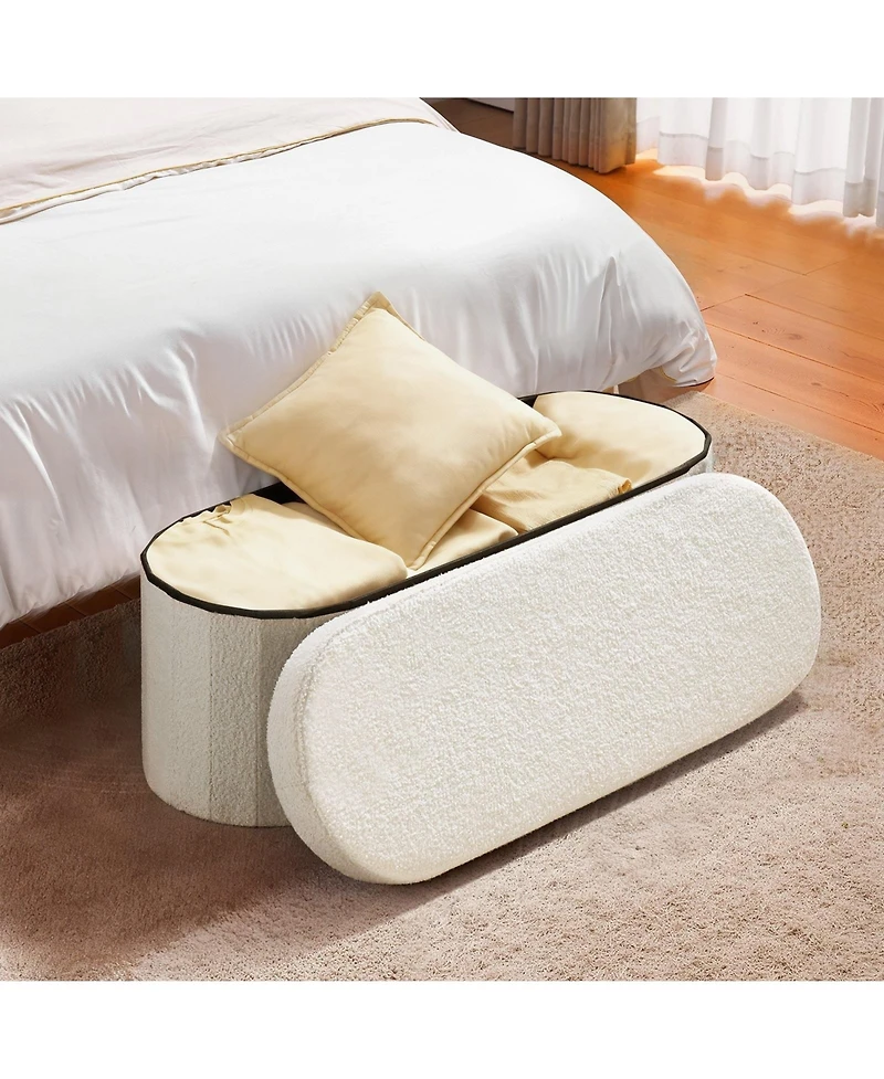 Gouun Oval Teddy Fleece Storage Ottoman Bench with Foldable Hidden Storage