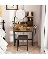 Rainsken Makeup Vanity Desk with Mirror and Led Lights, Dressing Table Set with Chair, Open Shelves, 2 Storage Drawer and Power Outlet for Bedroom
