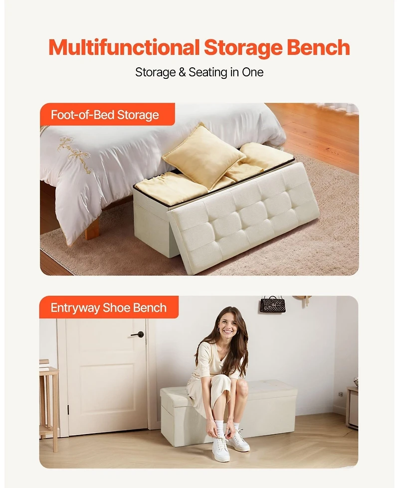 Gouun Foldable Linen Storage Ottoman Bench with Side Pockets and Hidden Storage