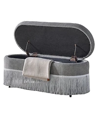 Rainsken Oval Storage Ottoman, Upholstered Footrest with Fringe Trim, Hidden Storage and Metal Frame for Living Room, Bedroom