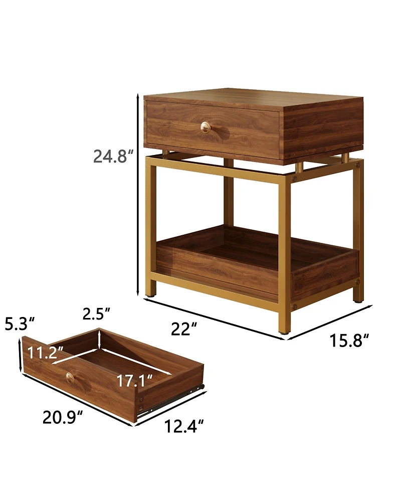 Rainsken Nightstand with Drawer and Open Shelf, Sofa Side Table with Gold Metal Frame, Modern Bedside Table for Bedroom and Living Room