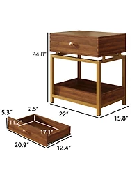 Rainsken Nightstand with Drawer and Open Shelf, Sofa Side Table with Gold Metal Frame, Modern Bedside Table for Bedroom and Living Room