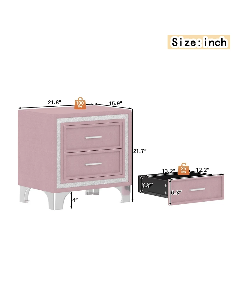 Rainsken 2 Drawers Nightstand with Silver Glitter Strip Decor and Metal Legs, Velvet Bedside Table End Table for Bedroom, Living Room
