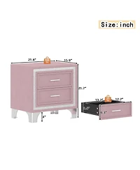 Rainsken 2 Drawers Nightstand with Silver Glitter Strip Decor and Metal Legs, Velvet Bedside Table End Table for Bedroom, Living Room