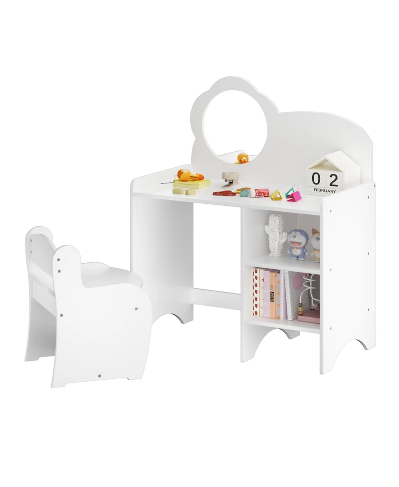 Rainsken Kids Vanity Desk Set with Mirror and Chair, Wooden Dressing Table with Storage Shelves, Study and Activity Table for Girls and Boys