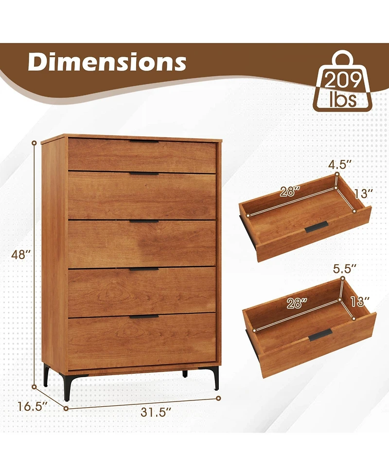 Sugift 5-Drawer Dresser with Interlock System for Bedroom Living Room.