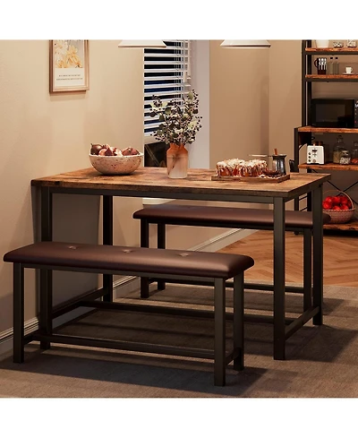 gaomon Kitchen Table Set with 2 Upholstered Benches for 4, Dining Room Metal and Wood Rectangular Table Set for Small Space, Apartment