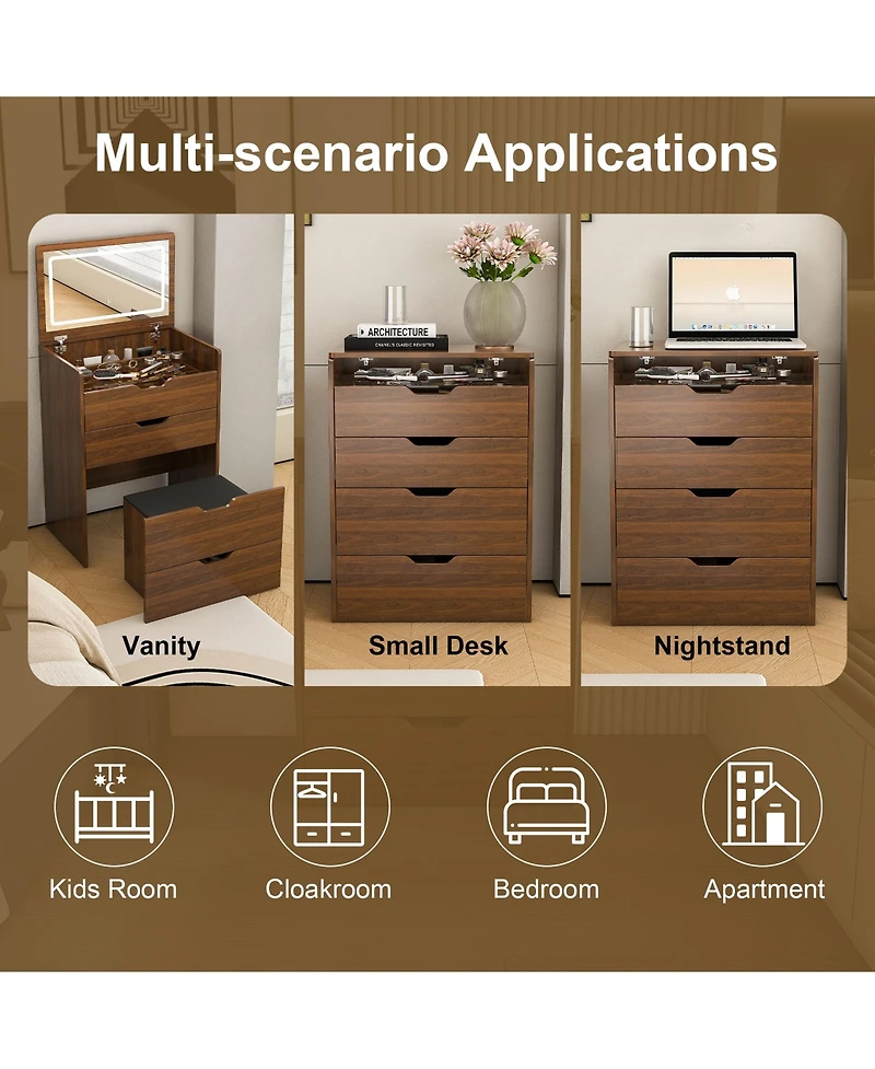 Rainsken 3-in-1 Vanity Desk with Lighted Mirror & Cushioned Tool, Flip Top Makeup Dressing Table for Cloakroom, Bedroom (23.62"L, Walnut)