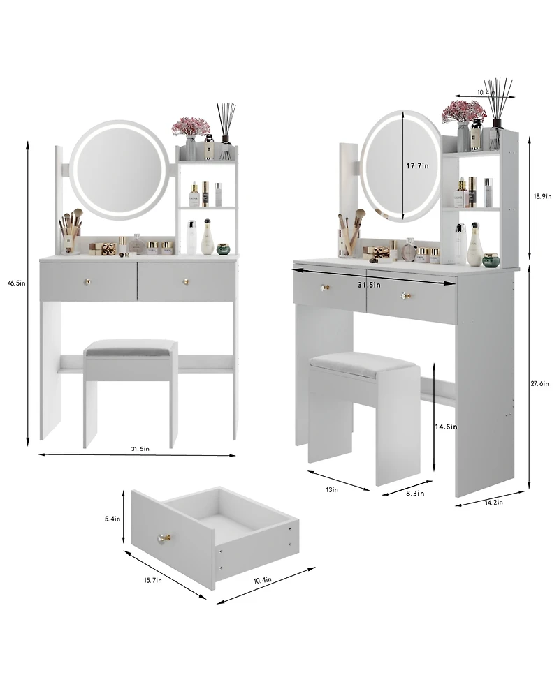 Rainsken 17" Round Led Mirror Vanity Desk Cushion Stool Suit, Dressing Table with 2 Drawers, 3 Open Shelves for Bedroom