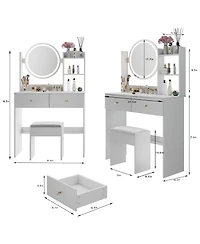 Rainsken 17" Round Led Mirror Vanity Desk Cushion Stool Suit, Dressing Table with 2 Drawers, 3 Open Shelves for Bedroom