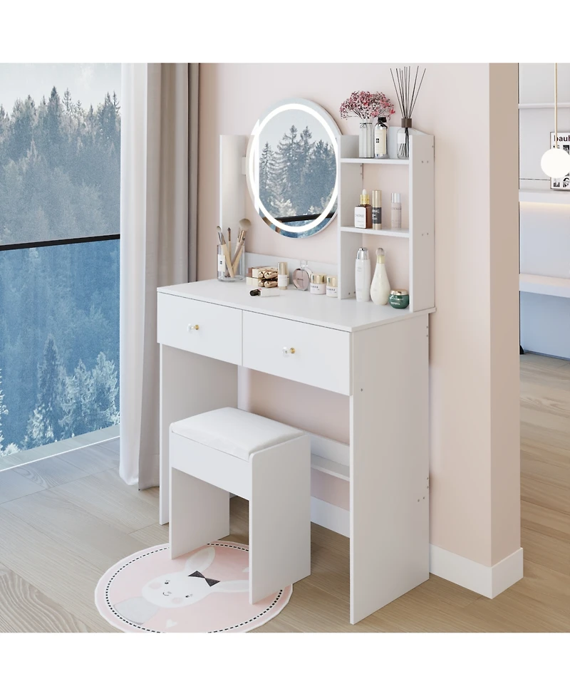 Rainsken 17" Round Led Mirror Vanity Desk Cushion Stool Suit, Dressing Table with 2 Drawers, 3 Open Shelves for Bedroom