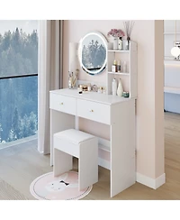 Rainsken 17" Round Led Mirror Vanity Desk Cushion Stool Suit, Dressing Table with 2 Drawers, 3 Open Shelves for Bedroom