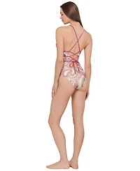 Steve Madden Women's Ruched Lace Back One-Piece Swimsuit