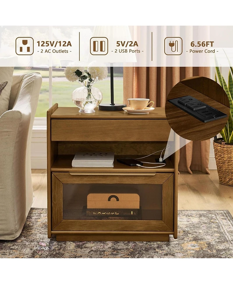 Rainsken Nightstand with Charging Station and Outlet Hole, Mid Century Modern Bedside Table with Open Shelf, End Table for Living Room