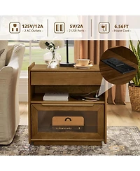 Rainsken Nightstand with Charging Station and Outlet Hole, Mid Century Modern Bedside Table with Open Shelf, End Table for Living Room