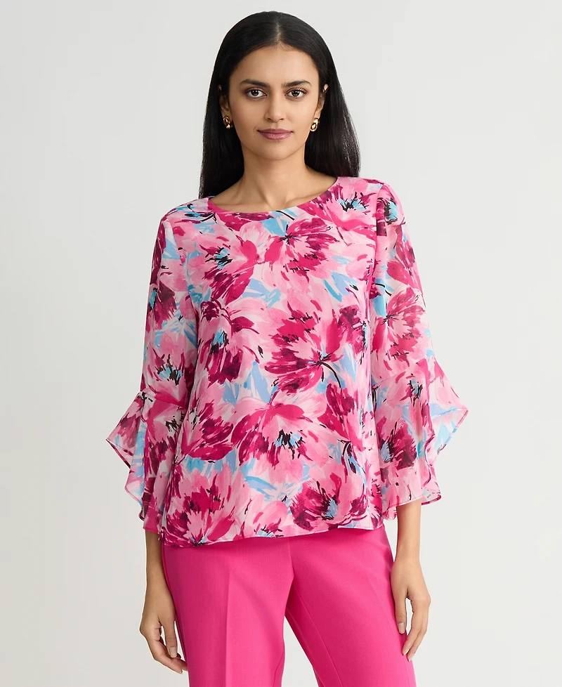 Kasper Women's Printed Ruffle-Sleeve Blouse, Regular & Petite
