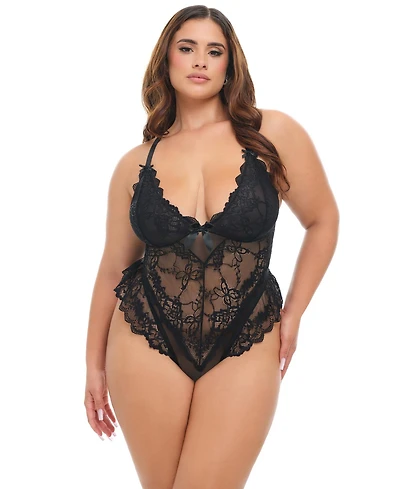 Oh La Cheri Women's Curvy Valentine Sheer Lacey Teddy