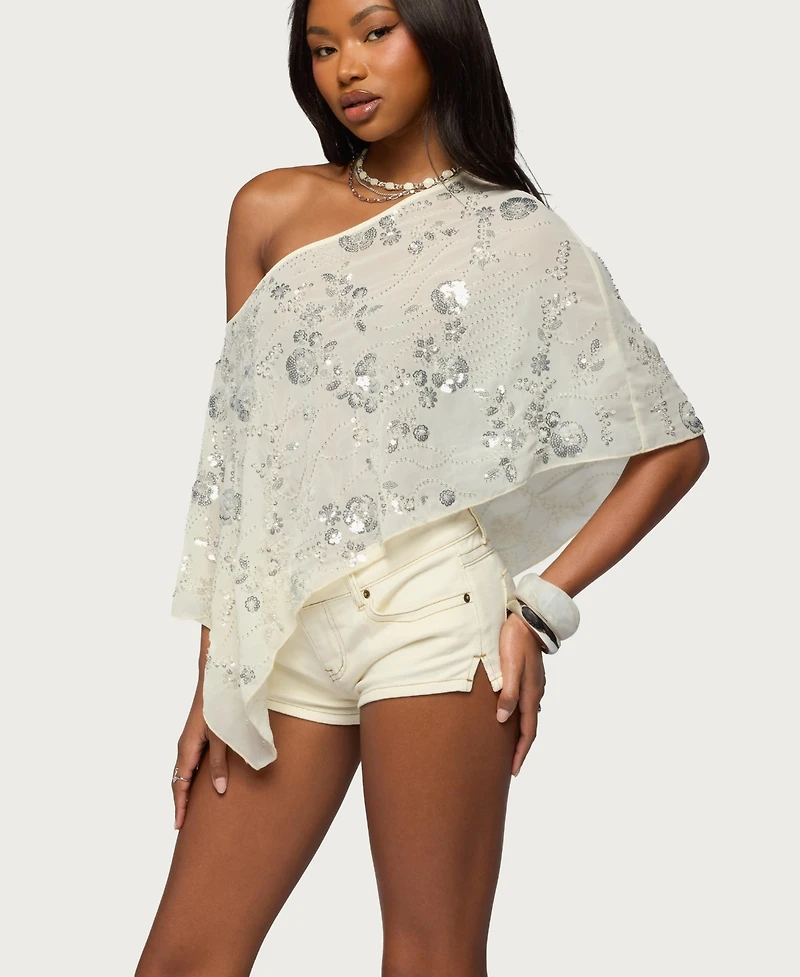 Edikted Women's Triana Bead and Sequin Chiffon Poncho