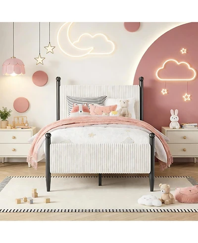 gaomon Corduroy Fabric Bed Frame, Plywood and Iron Construction, Cone-Shaped Iron Foot, Soft Bag Design