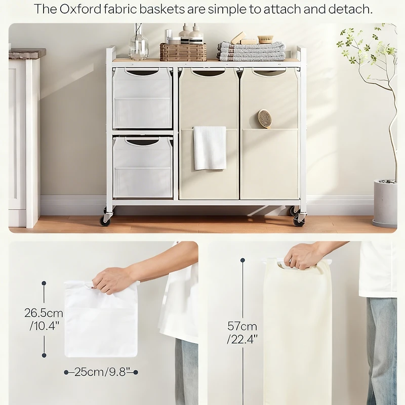 Yigii Laundry Sorter shelve with Hamper Wheels Rolling Basket Pull-out Detachable Bags