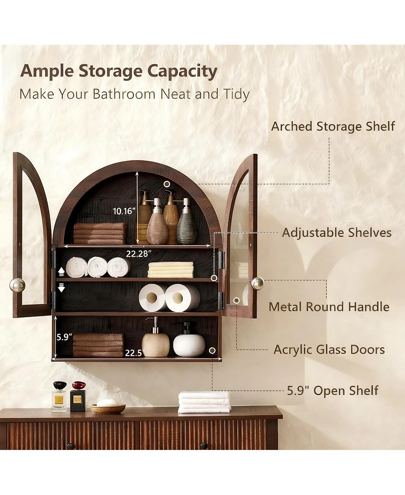 Yigii Arched Wall Cabinet Wide Adjustable Shelves Glass Doors Over Toilet Storage