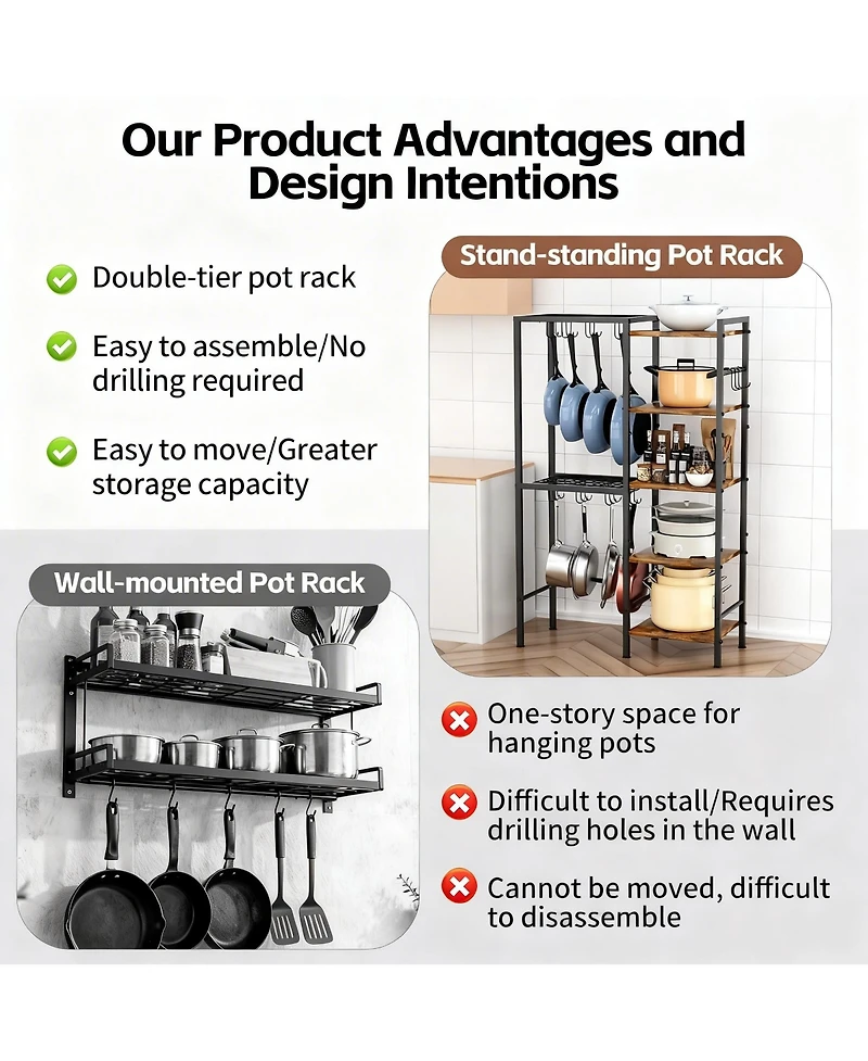 Yigii 5-Tier Pot Pan Organizer shelve with Hooks Heavy-Duty