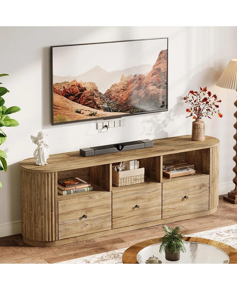 Tribesigns 70.87" Tv Stand for TVs up to 80", Modern Curved Media Console with 3 Drawers and Open Storage,
